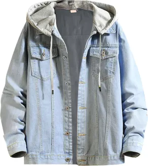 Double Coat Mens Spring And Autumn Leisure Solid Color Buckle Hooded Denim Jacket Coat