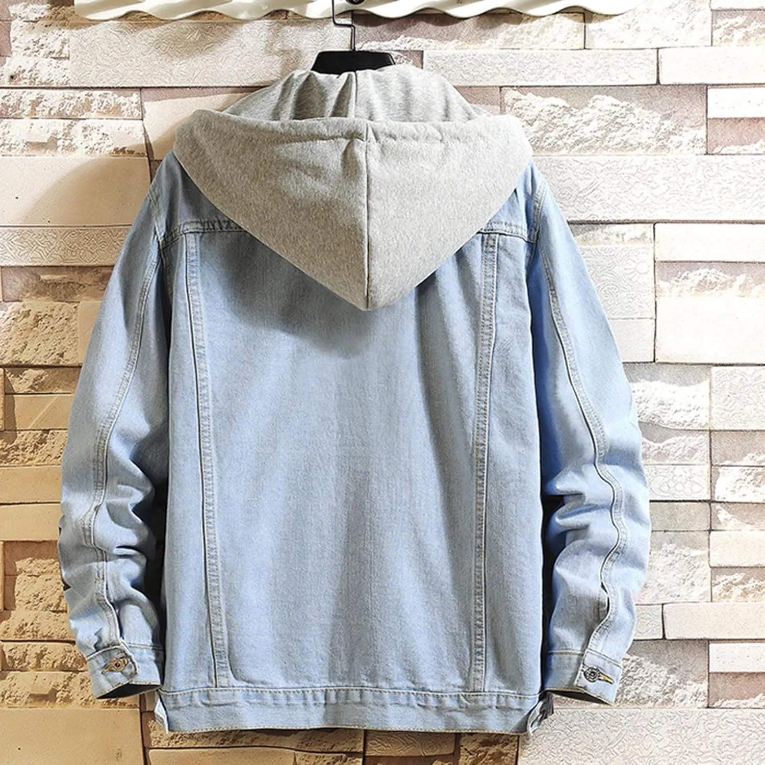 Double Coat Mens Spring And Autumn Leisure Solid Color Buckle Hooded Denim Jacket Coat