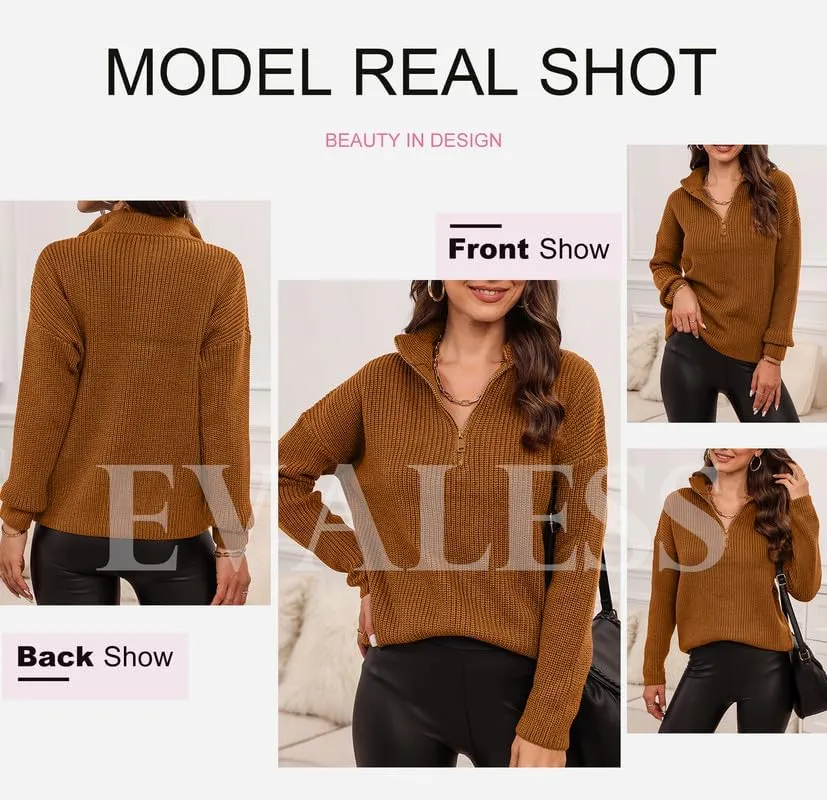 EVALESS Quarter Zip Sweaters for Women Waffle Kint Long Sleeve Pullover Sweater Business Casual Outfits