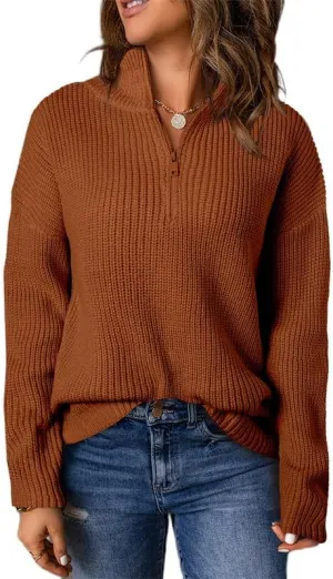 EVALESS Quarter Zip Sweaters for Women Waffle Kint Long Sleeve Pullover Sweater Business Casual Outfits