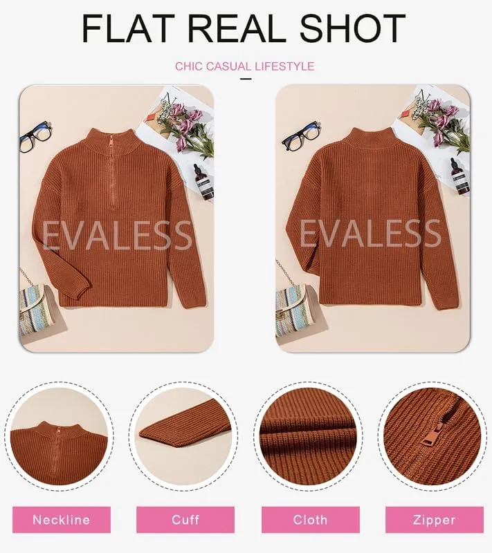 EVALESS Quarter Zip Sweaters for Women Waffle Kint Long Sleeve Pullover Sweater Business Casual Outfits