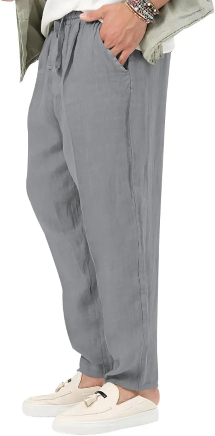 evzosrz Mens Casual Linen Cotton Pants Jogging Lightweight Elastic Waist Drawstring Trousers Yoga Beach Sweatpants Pockets