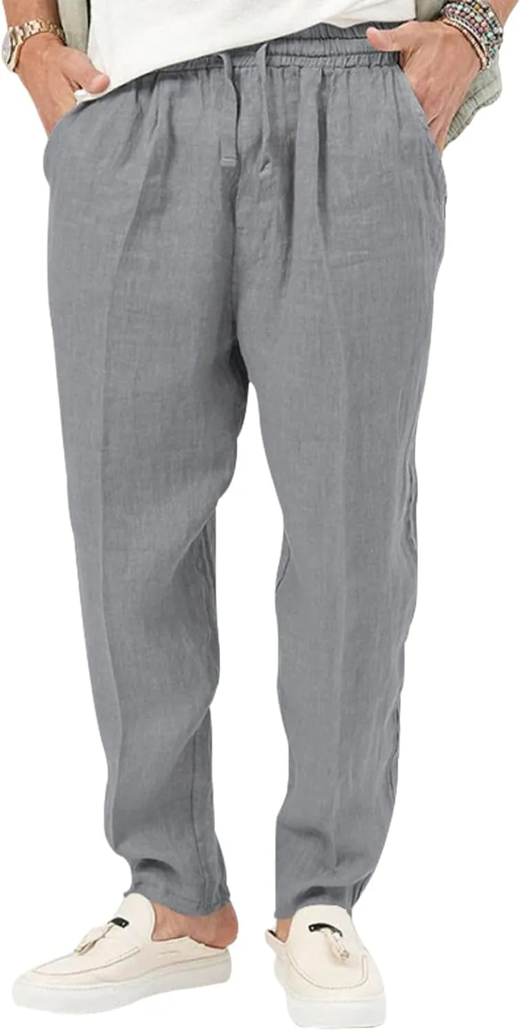 evzosrz Mens Casual Linen Cotton Pants Jogging Lightweight Elastic Waist Drawstring Trousers Yoga Beach Sweatpants Pockets