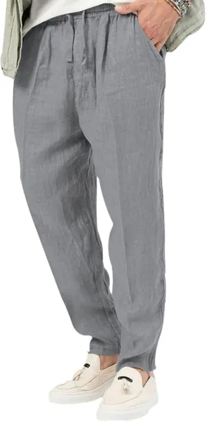 evzosrz Mens Casual Linen Cotton Pants Jogging Lightweight Elastic Waist Drawstring Trousers Yoga Beach Sweatpants Pockets