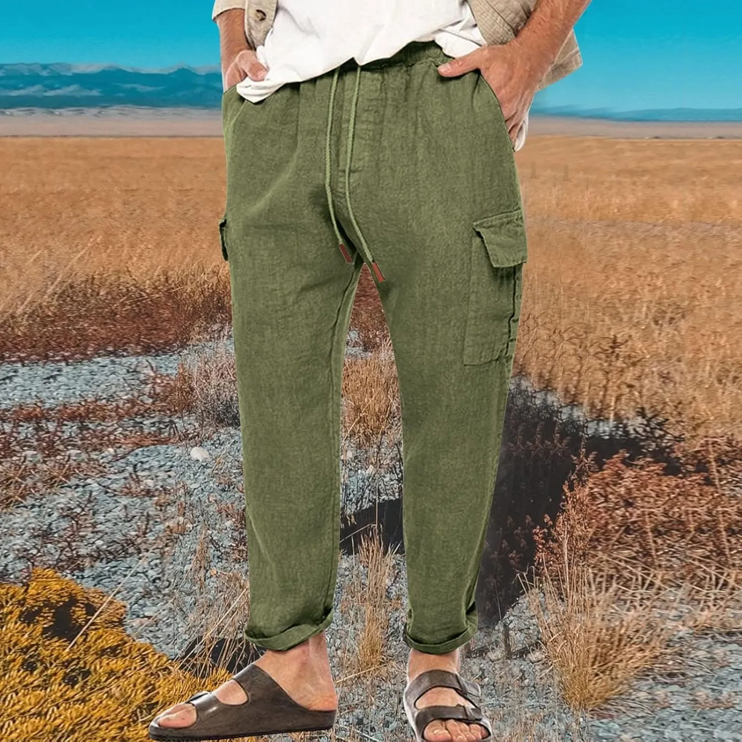 evzosrz Men's Casual Pants Elastic Waist Drawstring Lightweight Linen Solid Trousers Sweat Pant with Multi Pockets