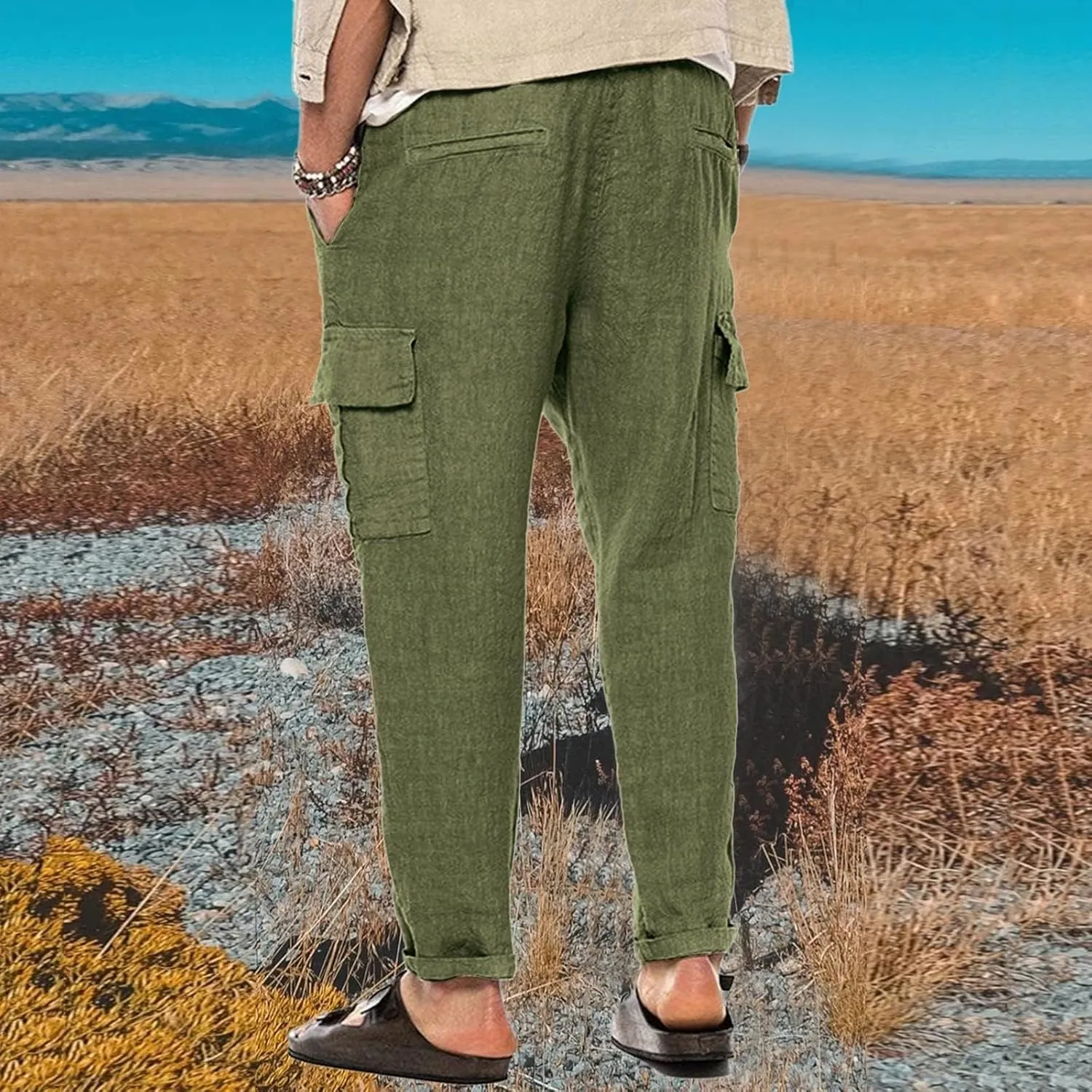 evzosrz Men's Casual Pants Elastic Waist Drawstring Lightweight Linen Solid Trousers Sweat Pant with Multi Pockets