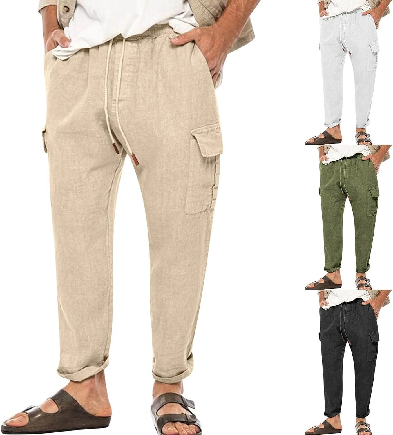 evzosrz Men's Casual Pants Elastic Waist Drawstring Lightweight Linen Solid Trousers Sweat Pant with Multi Pockets