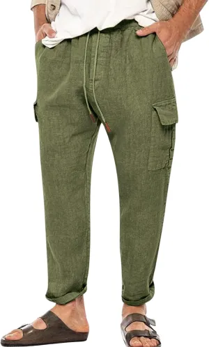 evzosrz Men's Casual Pants Elastic Waist Drawstring Lightweight Linen Solid Trousers Sweat Pant with Multi Pockets