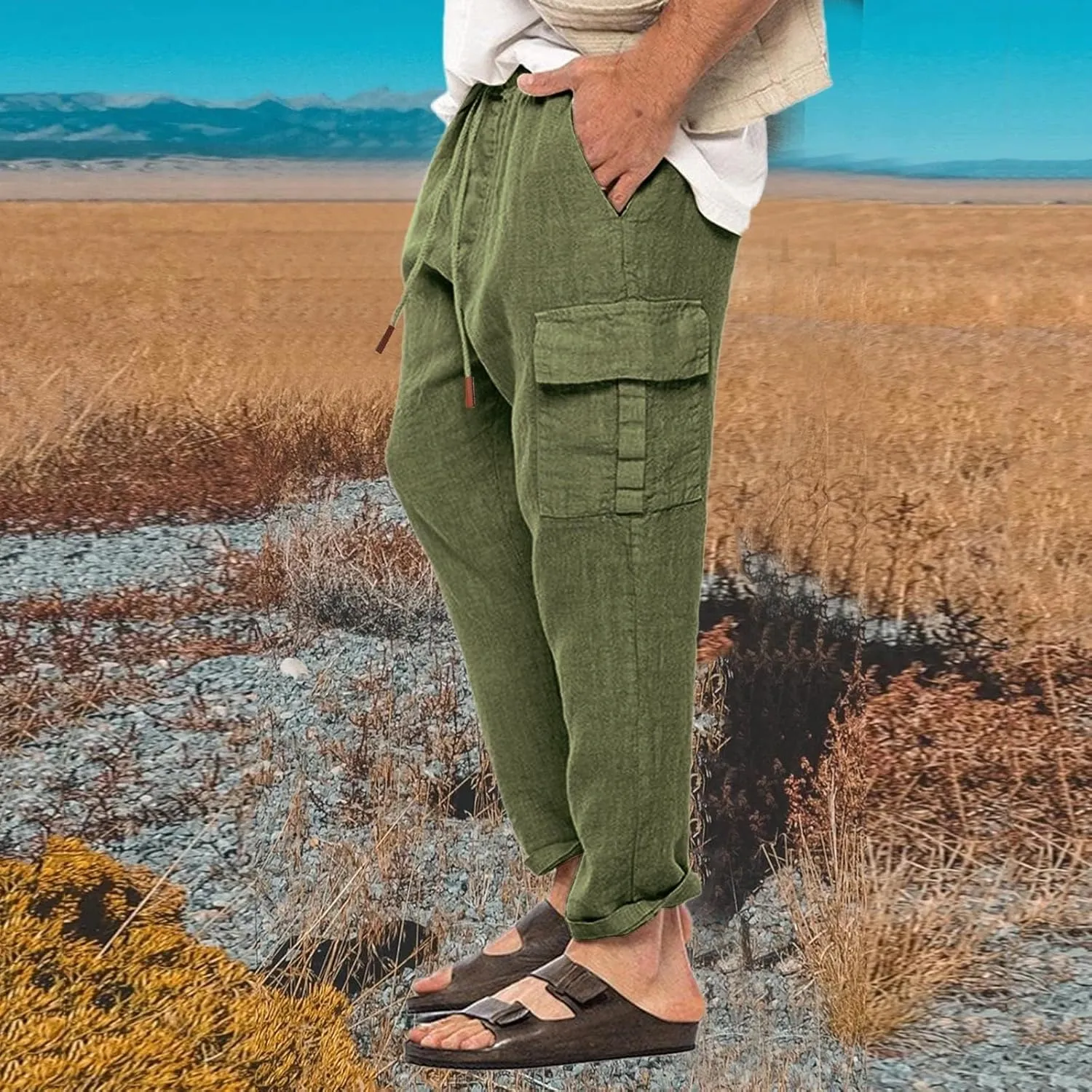 evzosrz Men's Casual Pants Elastic Waist Drawstring Lightweight Linen Solid Trousers Sweat Pant with Multi Pockets