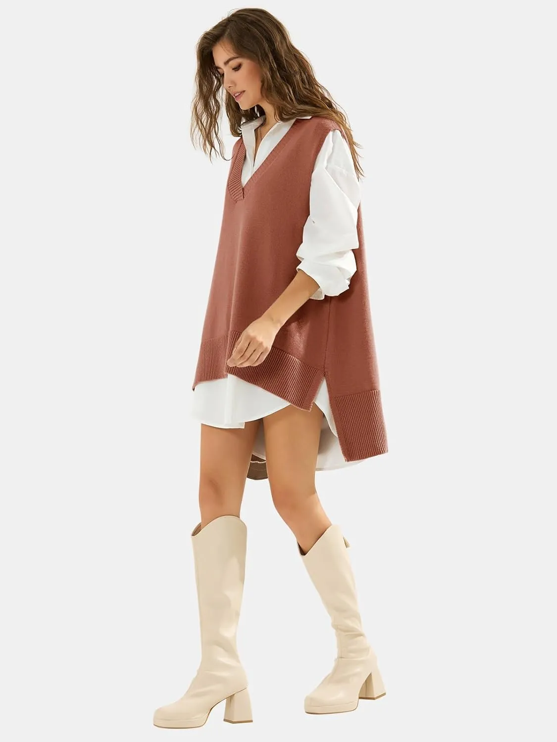 EXLURA Womens Oversized Sweater Vest Knit V Neck Tunic Casual Sleeveless Long Pullover Tank Tops Winter Spring Trendy 2025
