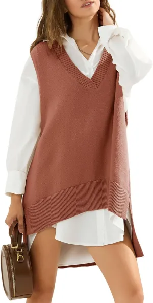 EXLURA Womens Oversized Sweater Vest Knit V Neck Tunic Casual Sleeveless Long Pullover Tank Tops Winter Spring Trendy 2025