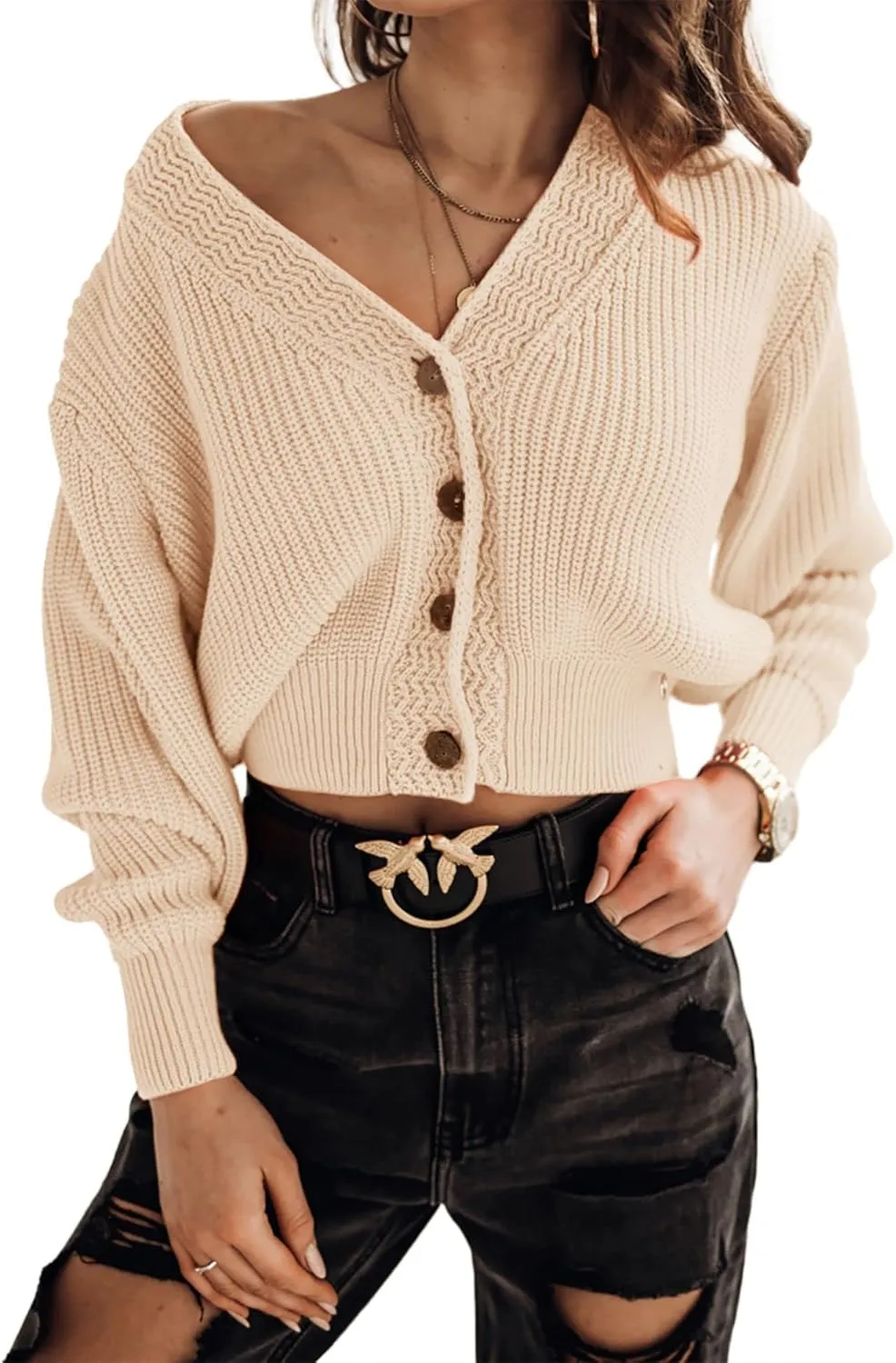 Febriajuce Women's Long Sleeve V-Neck Button Down Rib Knit Cropped Cardigan Sweater