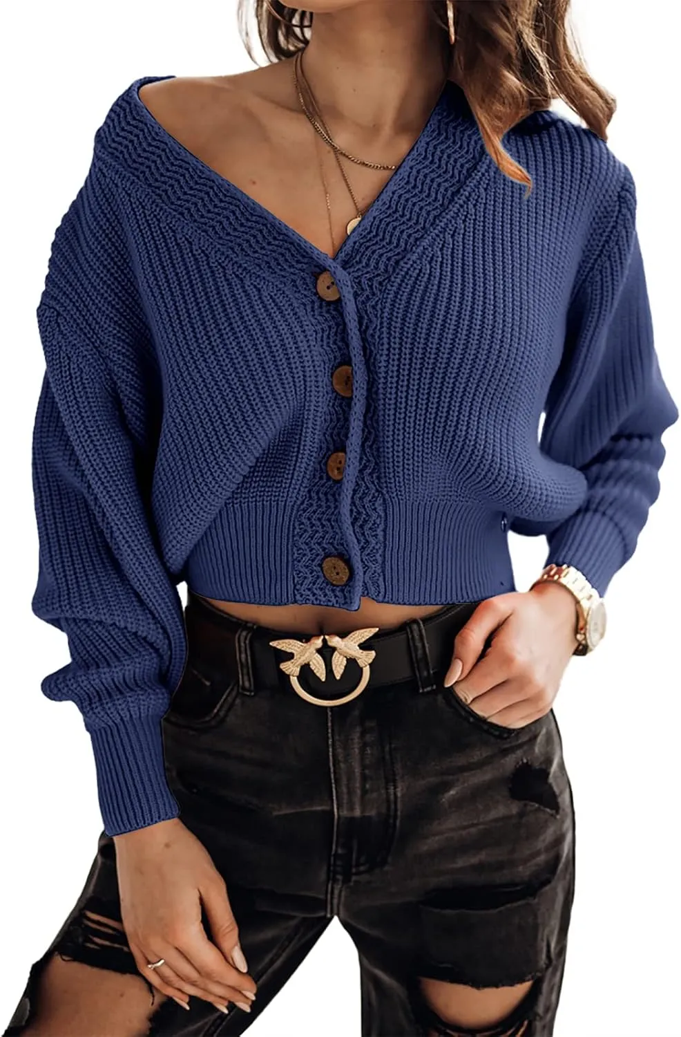 Febriajuce Women's Long Sleeve V-Neck Button Down Rib Knit Cropped Cardigan Sweater