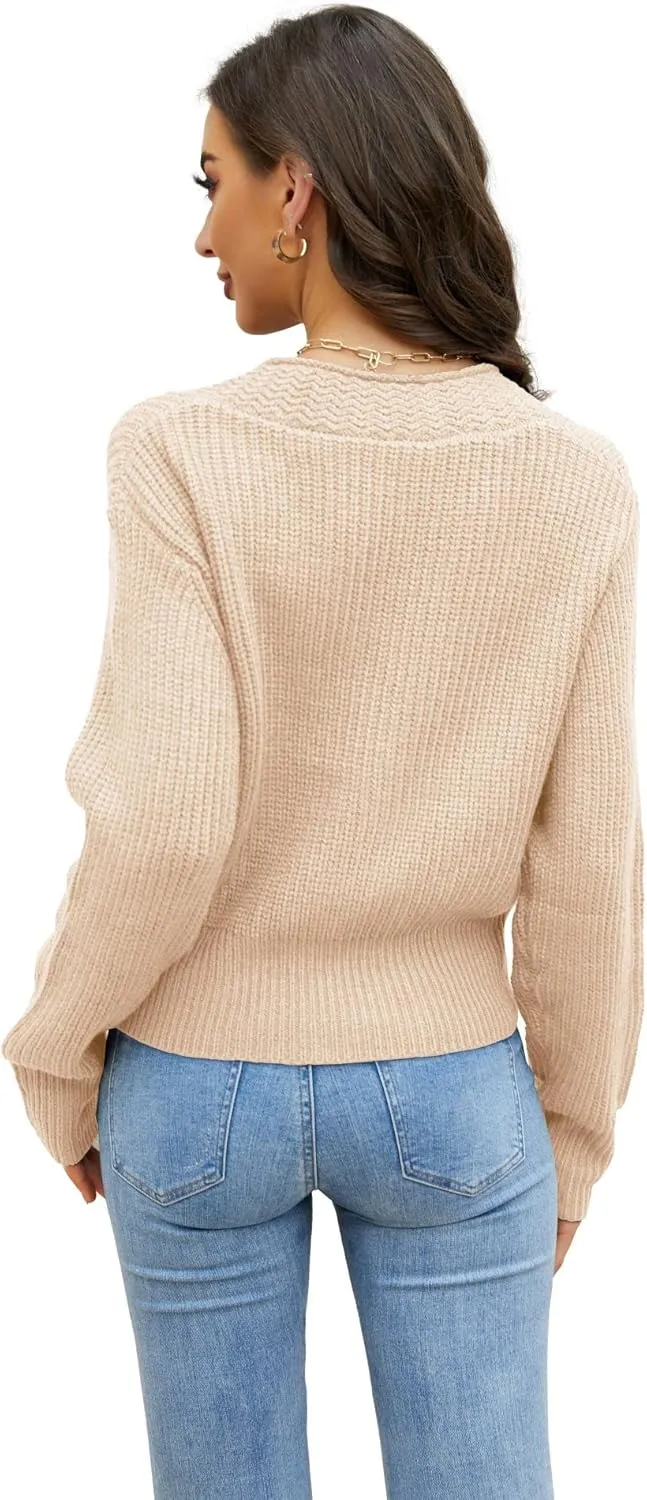 Febriajuce Women's Long Sleeve V-Neck Button Down Rib Knit Cropped Cardigan Sweater