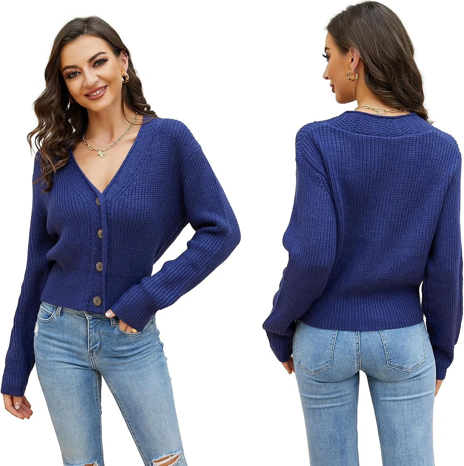 Febriajuce Women's Long Sleeve V-Neck Button Down Rib Knit Cropped Cardigan Sweater