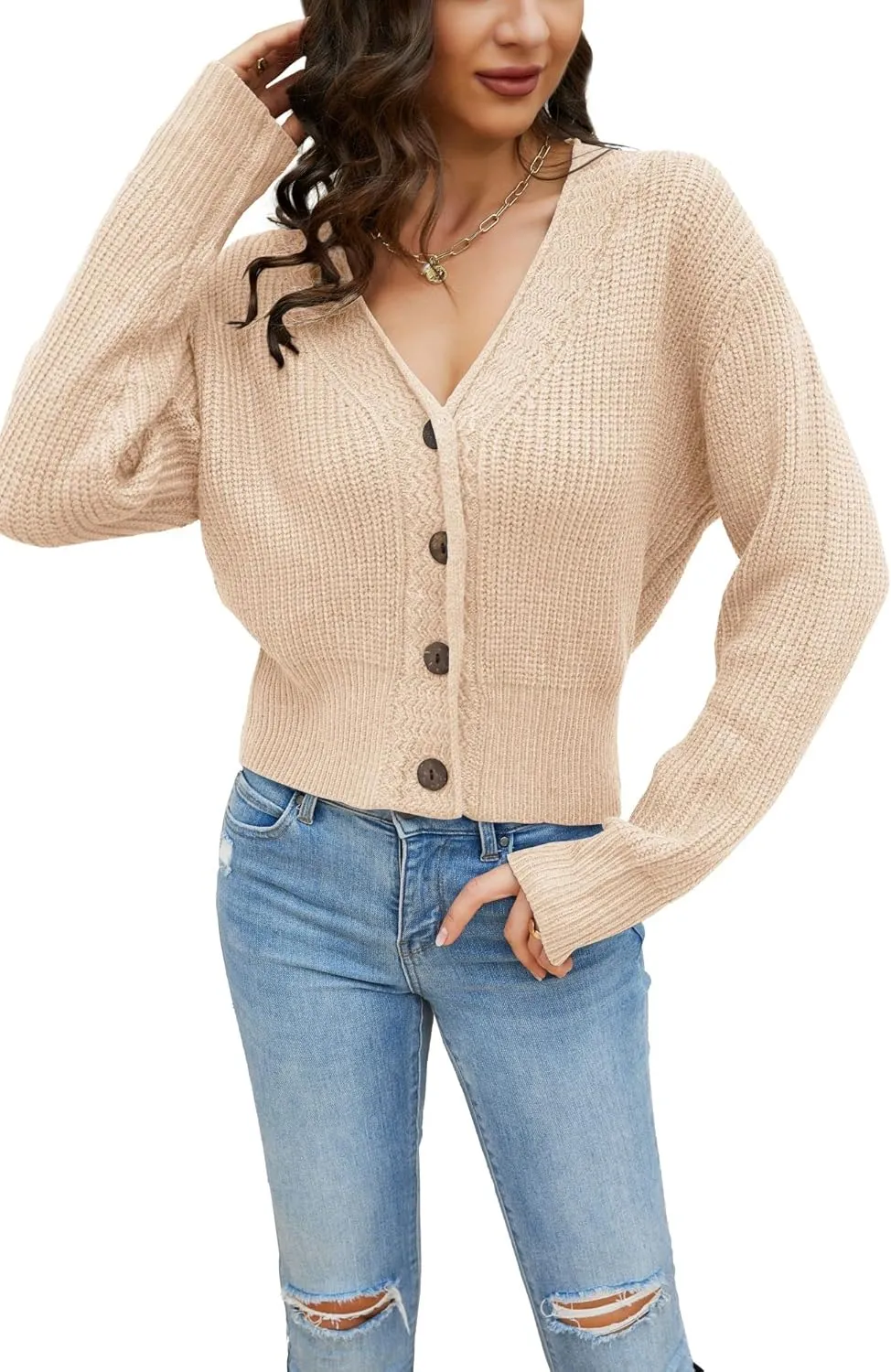 Febriajuce Women's Long Sleeve V-Neck Button Down Rib Knit Cropped Cardigan Sweater