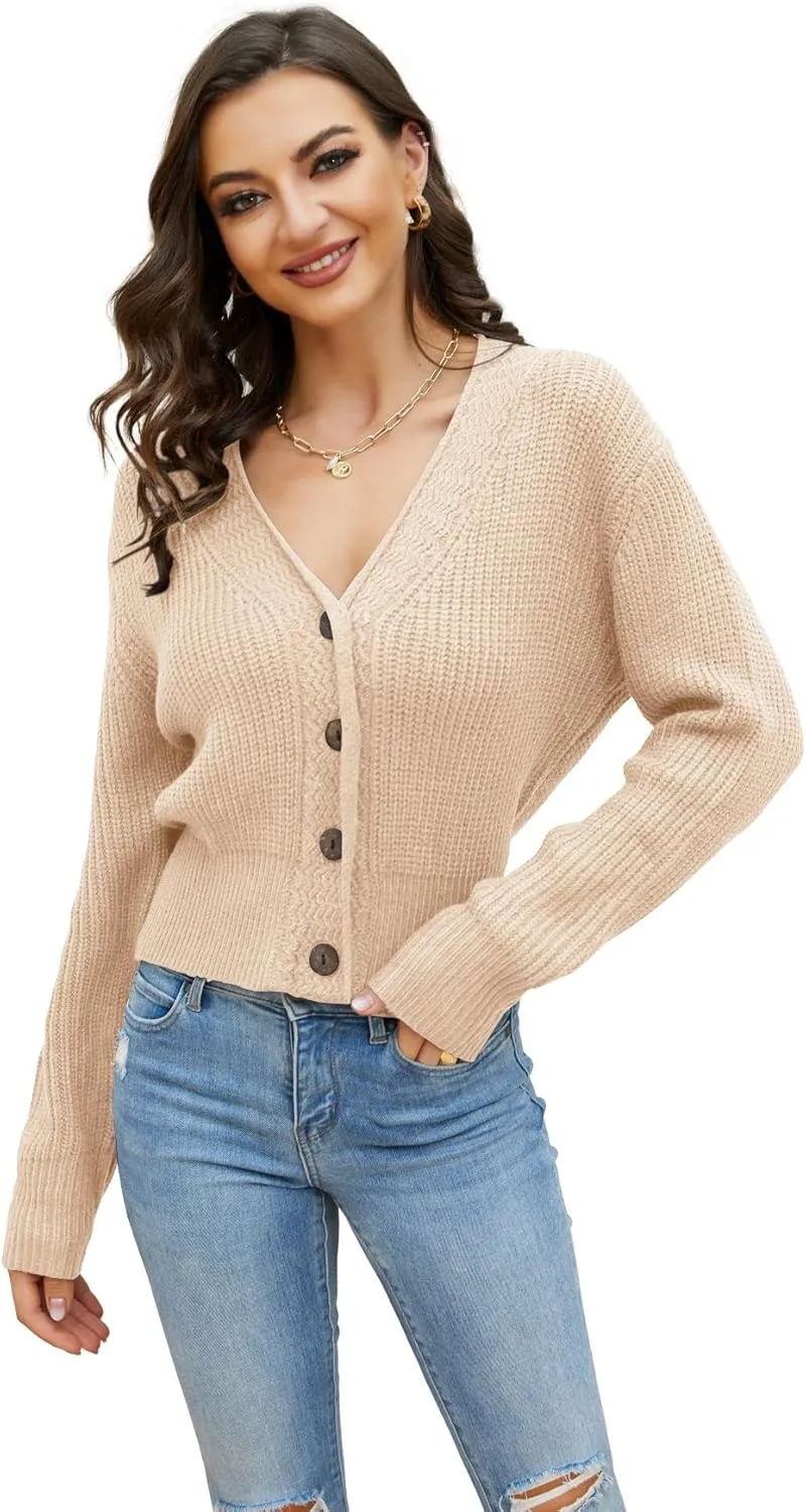Febriajuce Women's Long Sleeve V-Neck Button Down Rib Knit Cropped Cardigan Sweater