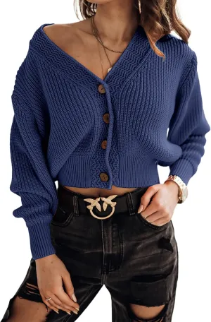 Febriajuce Women's Long Sleeve V-Neck Button Down Rib Knit Cropped Cardigan Sweater