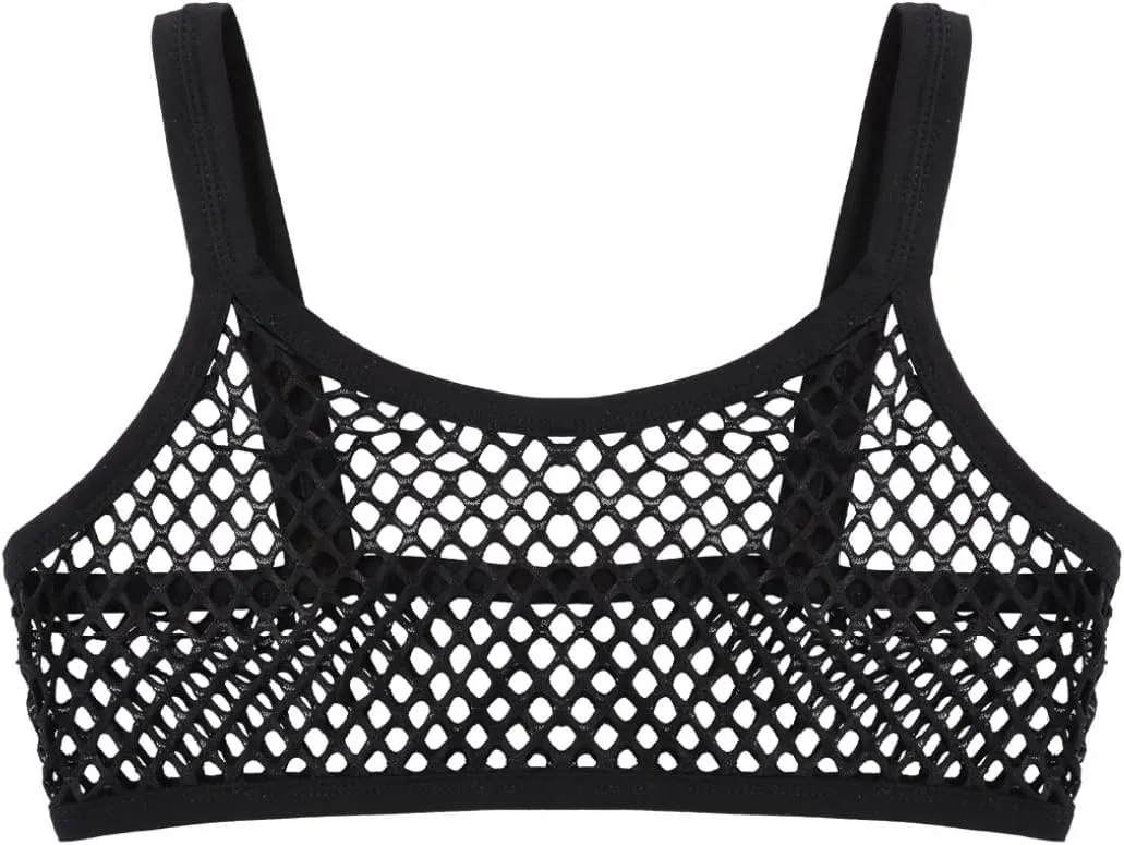 FEESHOW Women's Sheer Mesh Mermaid Sea Shell Bra Top Workout Yoga Camisole Crop Top