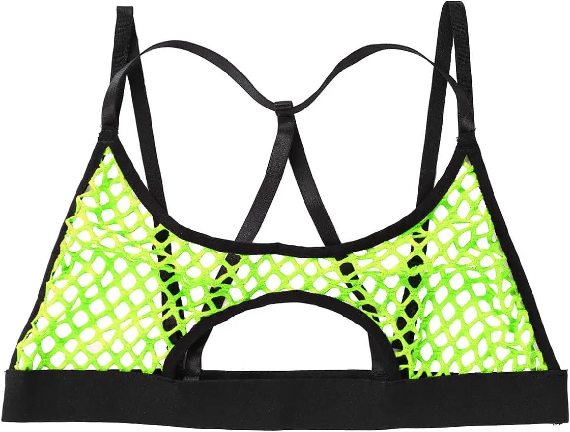 FEESHOW Women's Sheer Mesh Mermaid Sea Shell Bra Top Workout Yoga Camisole Crop Top