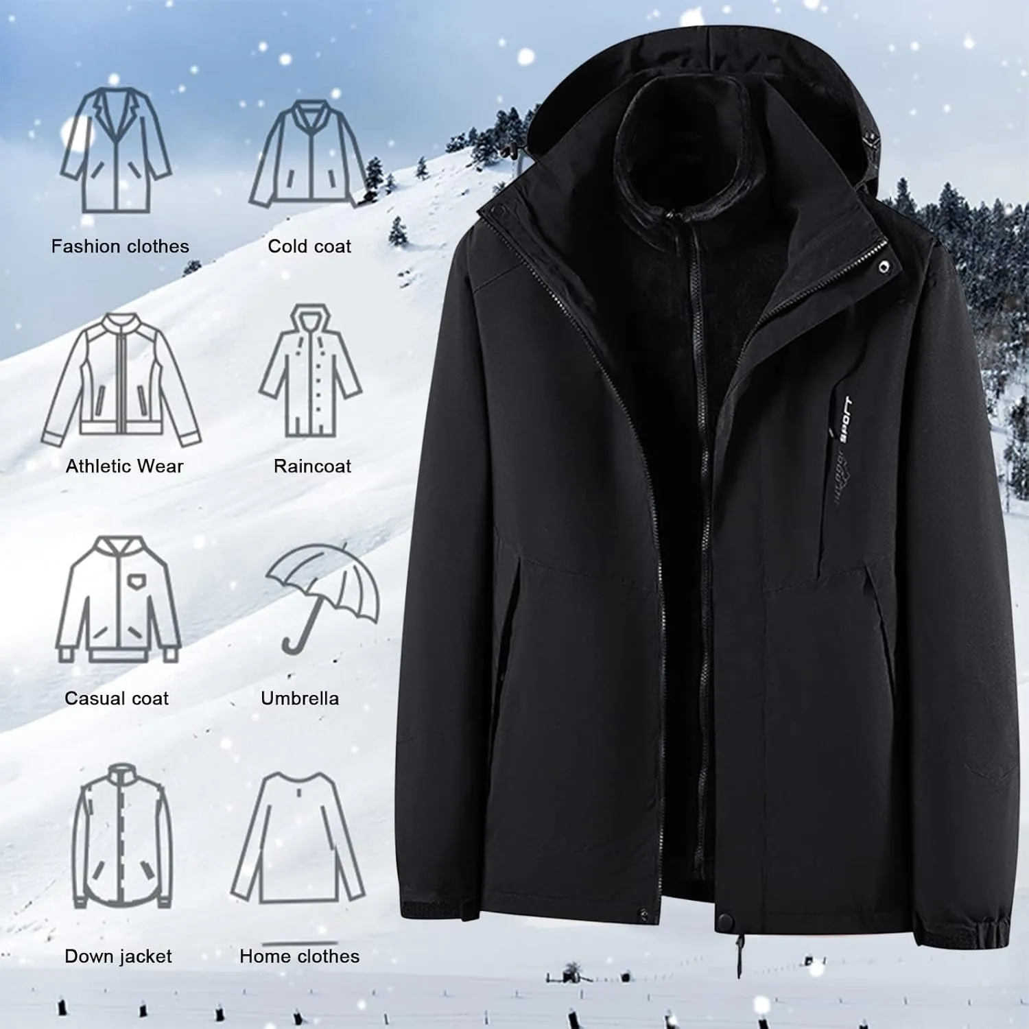Finelylove Men's Waterproof 3 in 1 Ski Jacket Warm Fleece Lined Winter Snow Coat Windproof Hooded Raincoat Heavyweight