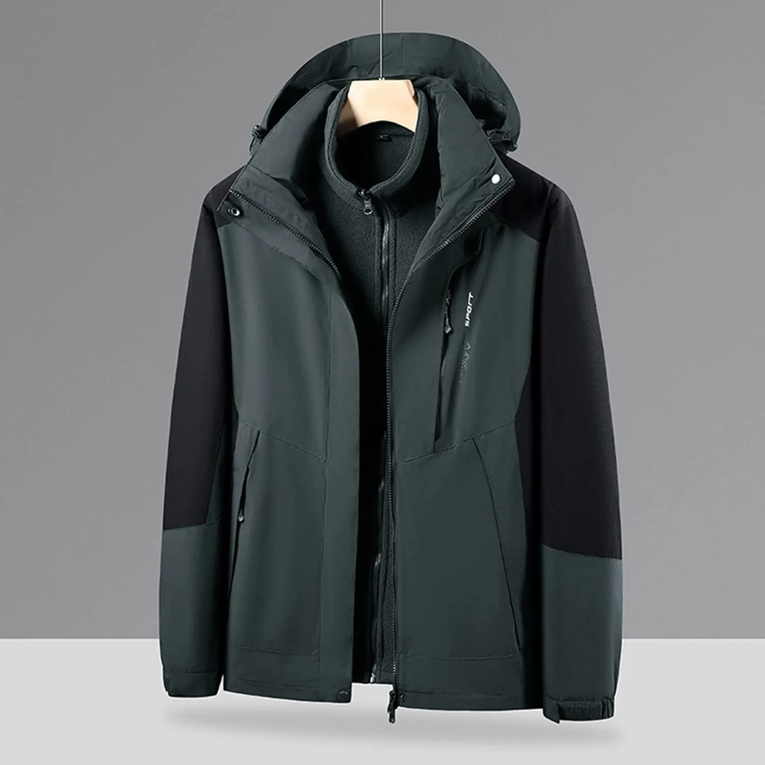 Finelylove Men's Waterproof 3 in 1 Ski Jacket Warm Fleece Lined Winter Snow Coat Windproof Hooded Raincoat Heavyweight