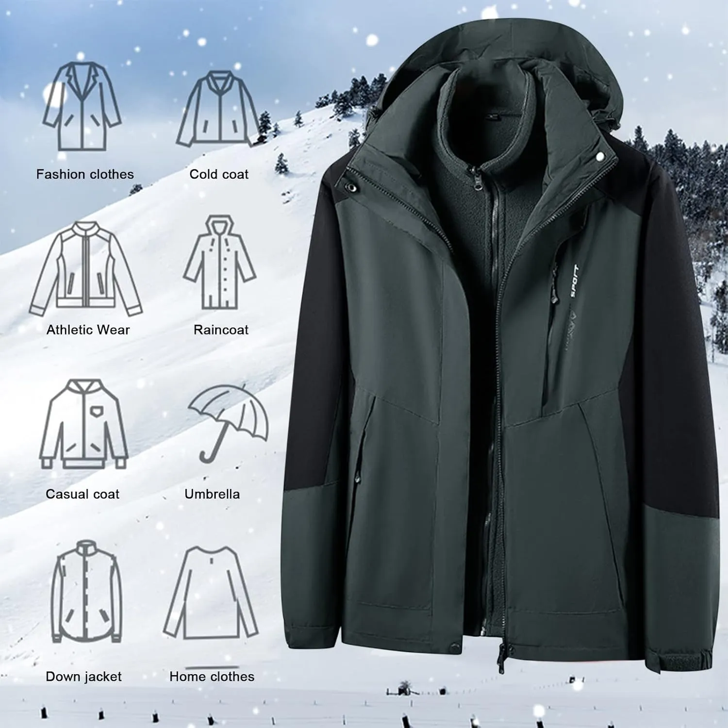 Finelylove Men's Waterproof 3 in 1 Ski Jacket Warm Fleece Lined Winter Snow Coat Windproof Hooded Raincoat Heavyweight