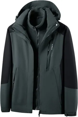 Finelylove Men's Waterproof 3 in 1 Ski Jacket Warm Fleece Lined Winter Snow Coat Windproof Hooded Raincoat Heavyweight