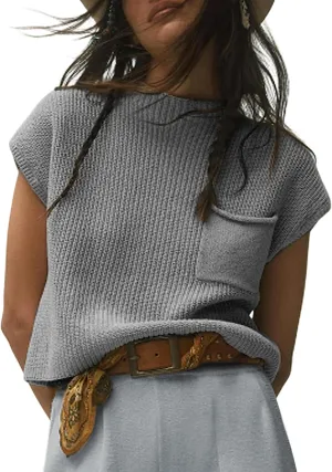 Fiona Jolin Women's Sleeveless Knit Sweater Vest Vintage Cap Sleeve Casual Mock Neck Tank Top with Front Pocket