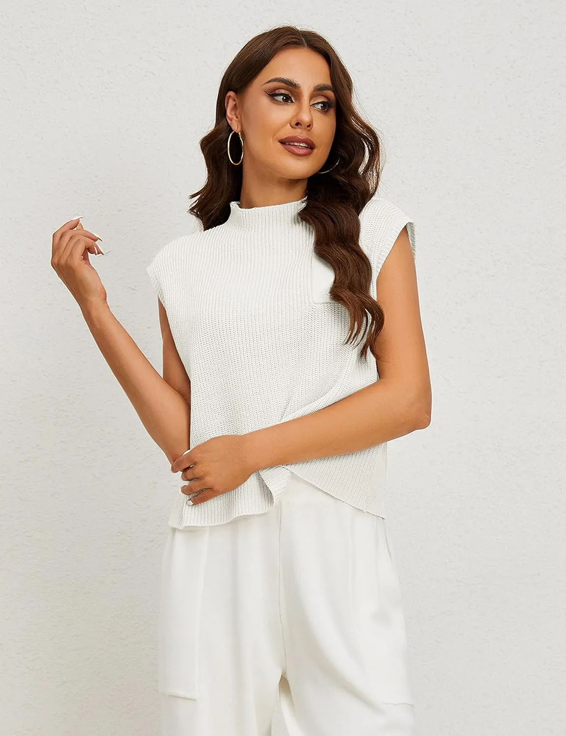 Fiona Jolin Women's Sleeveless Knit Sweater Vest Vintage Cap Sleeve Casual Mock Neck Tank Top with Front Pocket