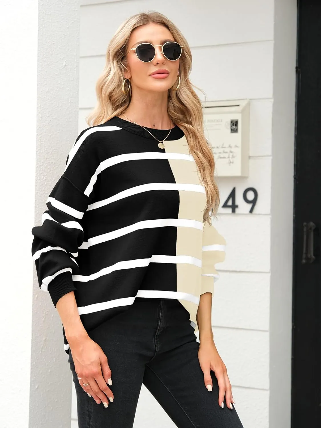 Fisoew Womens Striped Pullover Sweater Crew Neck Long Sleeve Knitted Color Block Casual Loose Lightweight Sweaters for Women