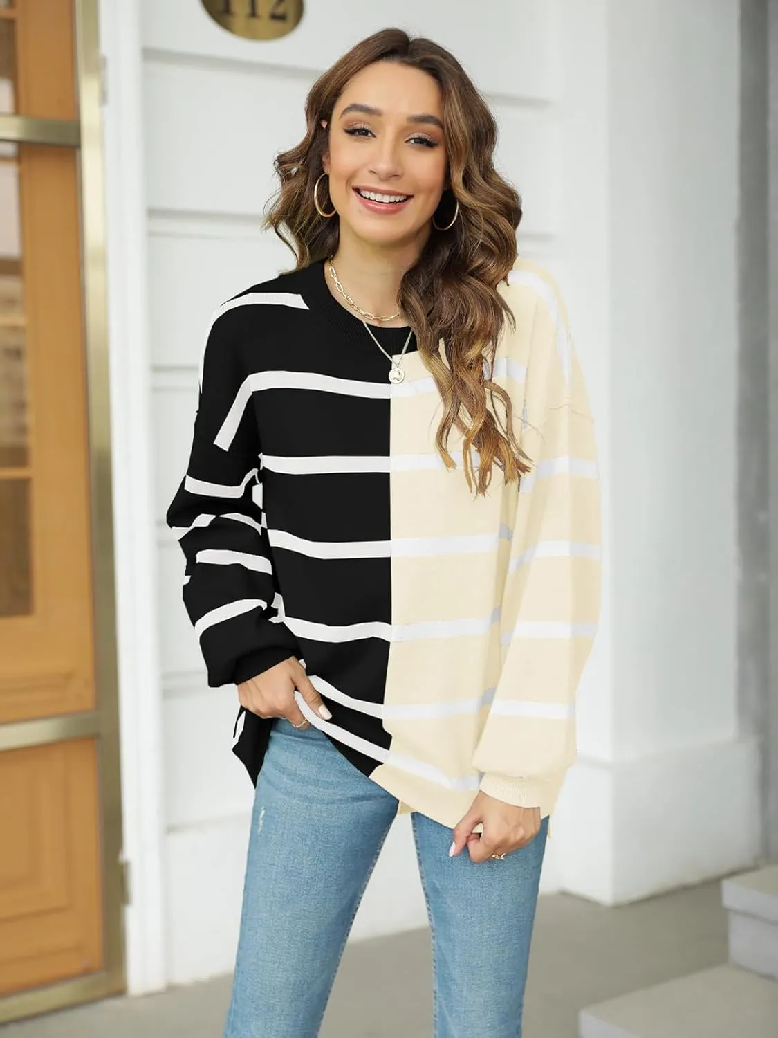 Fisoew Womens Striped Pullover Sweater Crew Neck Long Sleeve Knitted Color Block Casual Loose Lightweight Sweaters for Women