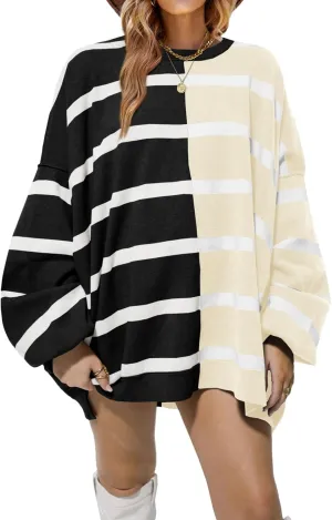 Fisoew Womens Striped Pullover Sweater Crew Neck Long Sleeve Knitted Color Block Casual Loose Lightweight Sweaters for Women