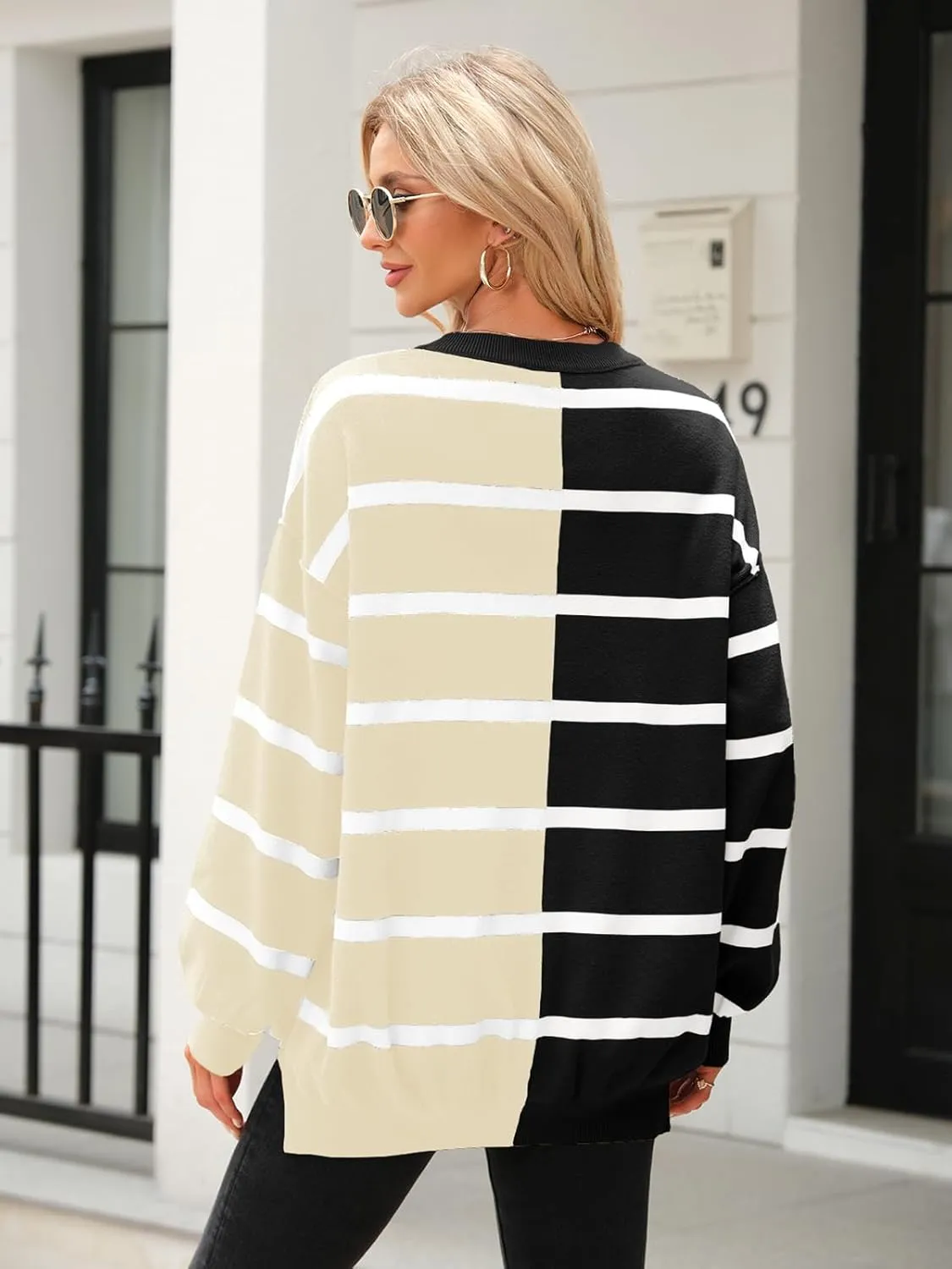 Fisoew Womens Striped Pullover Sweater Crew Neck Long Sleeve Knitted Color Block Casual Loose Lightweight Sweaters for Women