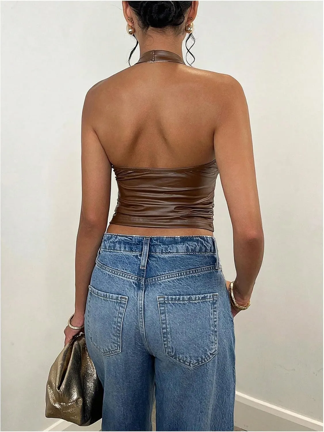 Floerns Women's PU Leather Sleeveless Scoop Neck Halter Top Ruched Slim Fit Vest Top