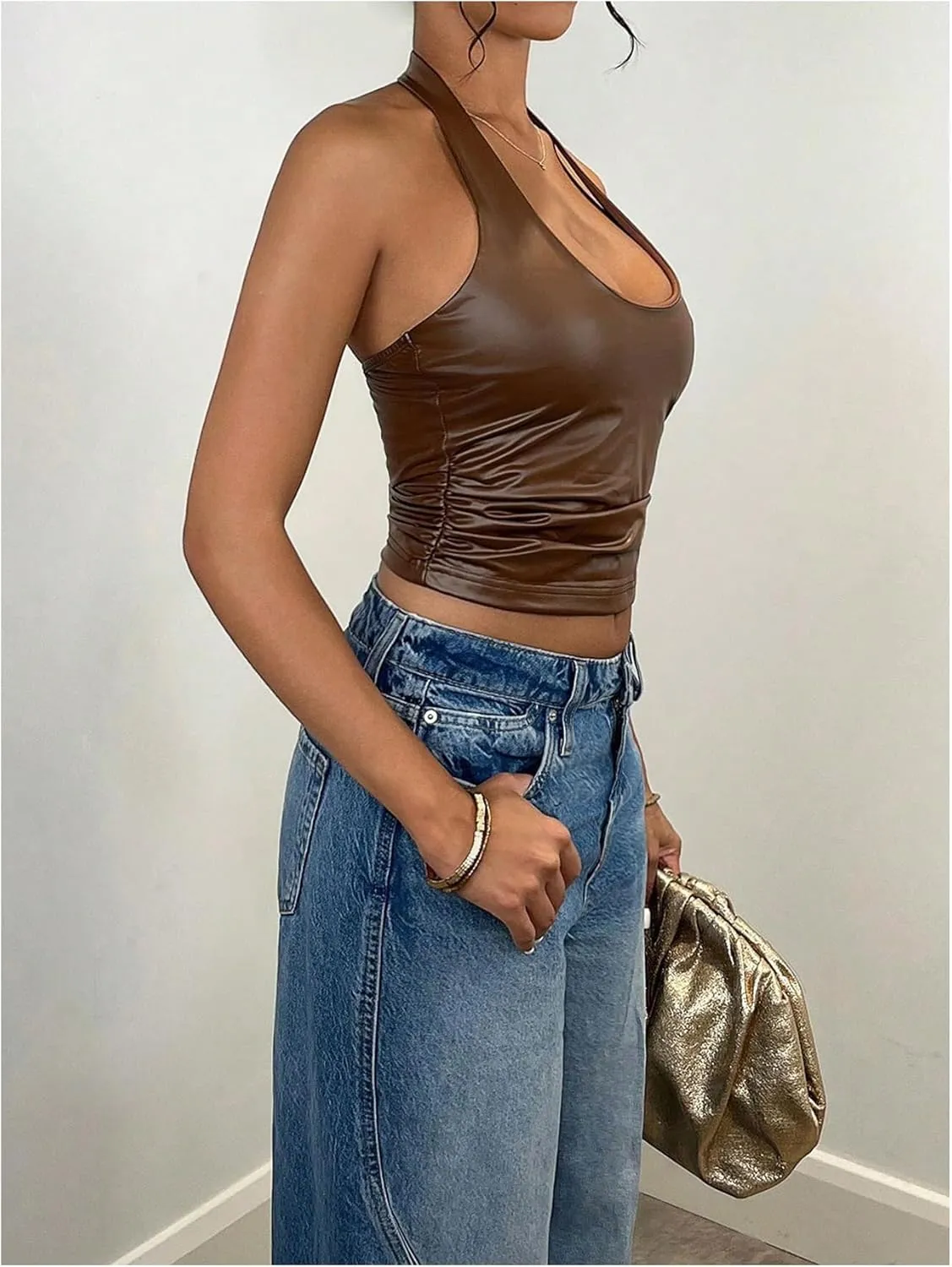 Floerns Women's PU Leather Sleeveless Scoop Neck Halter Top Ruched Slim Fit Vest Top