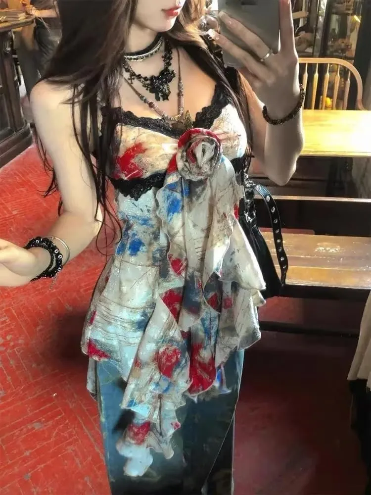 Flowy Floral Top Slim Camisole Summer 2000s Vintage Grunge Clothes Sexy Halter Top Women