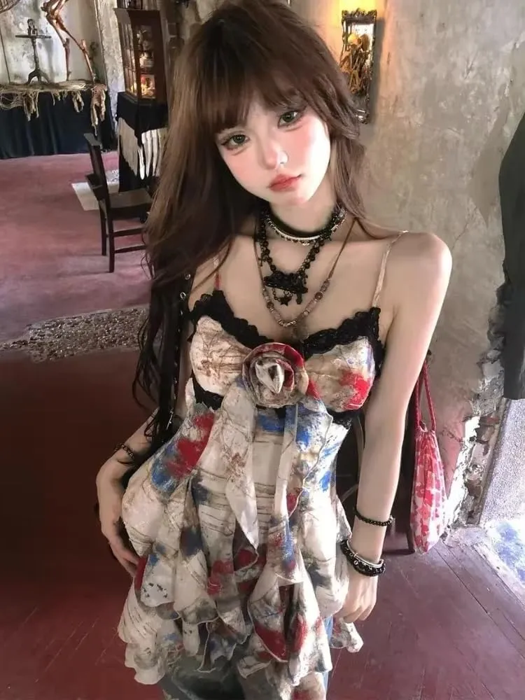 Flowy Floral Top Slim Camisole Summer 2000s Vintage Grunge Clothes Sexy Halter Top Women