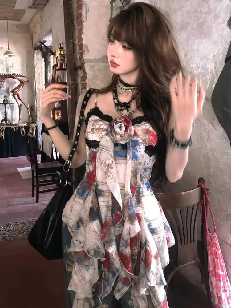 Flowy Floral Top Slim Camisole Summer 2000s Vintage Grunge Clothes Sexy Halter Top Women