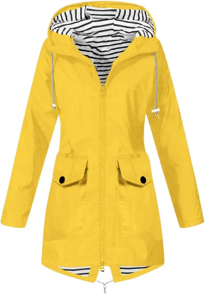 Fluffy Jackets for Women Women Solid Rain Jacket Outdoor Plus Size Hooded Windproof Loose Coat