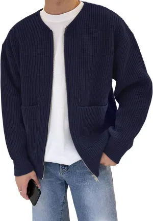 Flygo Mens Cardigan Sweater Zip Up Crewneck Knit Long Sleeve Open Front Casual Sweaters Outwear with Pockets