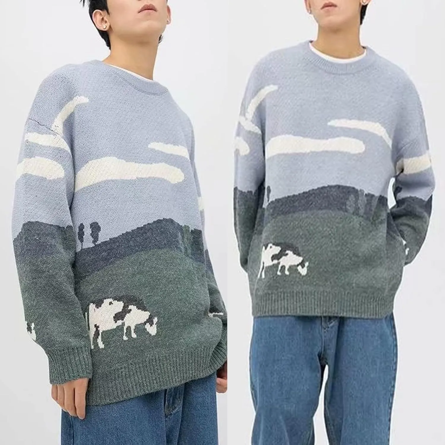 Flygo Men's Cow Sweater Harajuku Oversized Sweaters Chunky Casual Knit Pullover Jumper Fall Winter Fashion