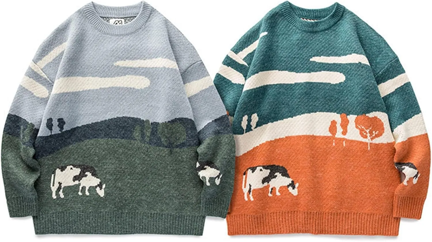 Flygo Men's Cow Sweater Harajuku Oversized Sweaters Chunky Casual Knit Pullover Jumper Fall Winter Fashion