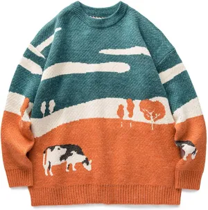 Flygo Men's Cow Sweater Harajuku Oversized Sweaters Chunky Casual Knit Pullover Jumper Fall Winter Fashion