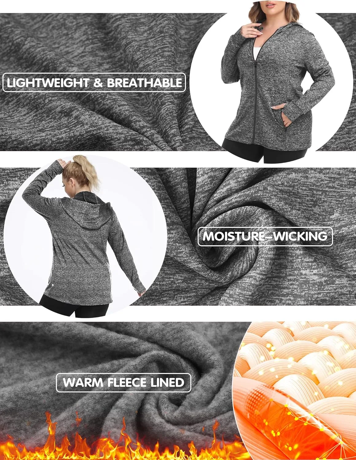 FOREYOND Women Plus Size Fleece Jackets Full Zip Up Hoodies Lightweight Workout Clothing for Running Yoga Gym