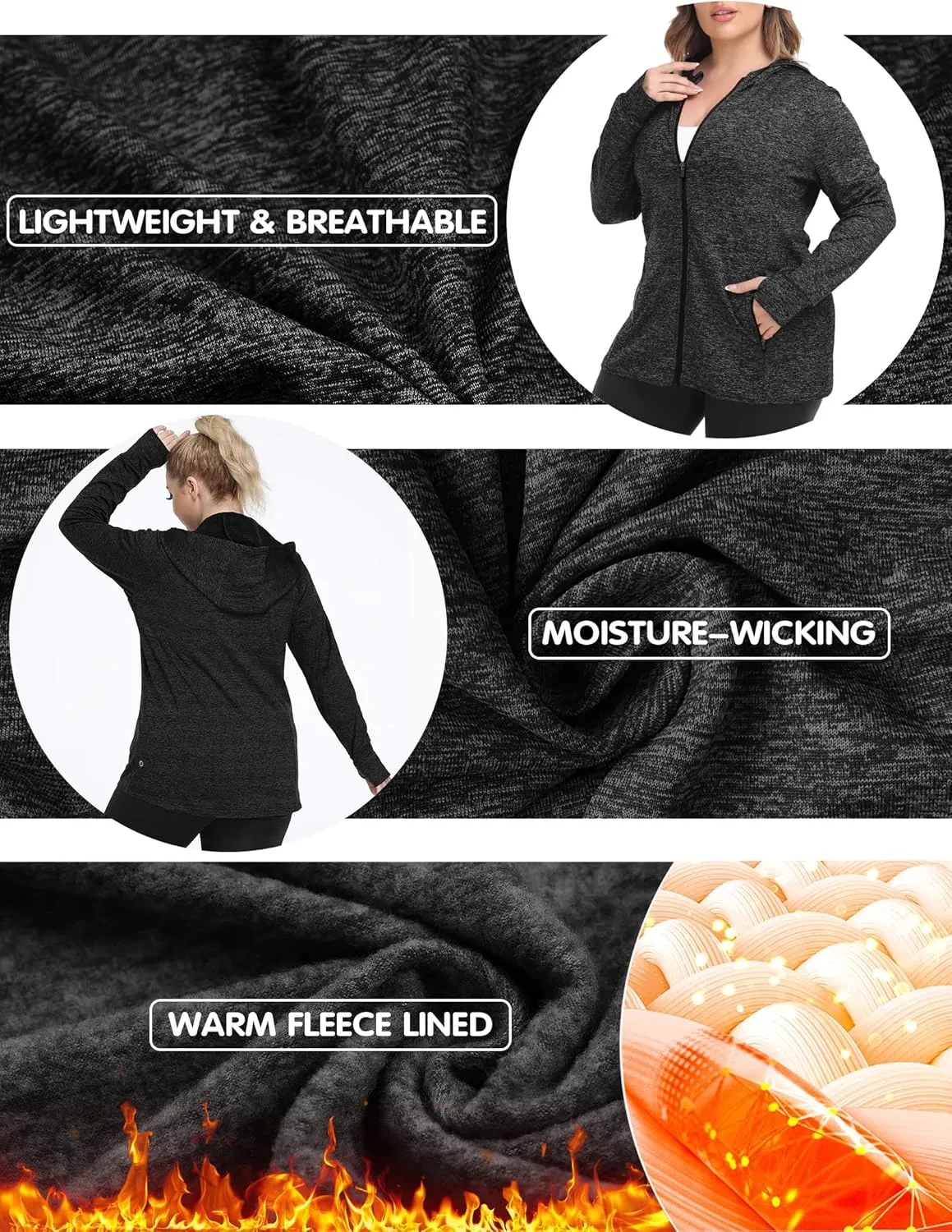 FOREYOND Women Plus Size Fleece Jackets Full Zip Up Hoodies Lightweight Workout Clothing for Running Yoga Gym