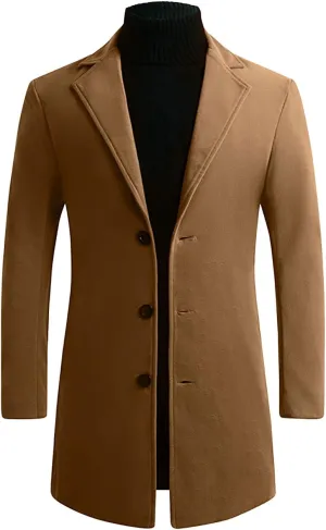 French Woolen Coat For Men's,Mens Business Solid Down Jacket Trench Topcoat Breasted Slim Fit Lapel Winter Overcoat
