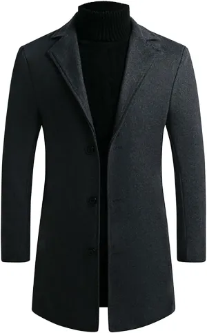 French Woolen Coat For Men's,Mens Business Solid Down Jacket Trench Topcoat Breasted Slim Fit Lapel Winter Overcoat