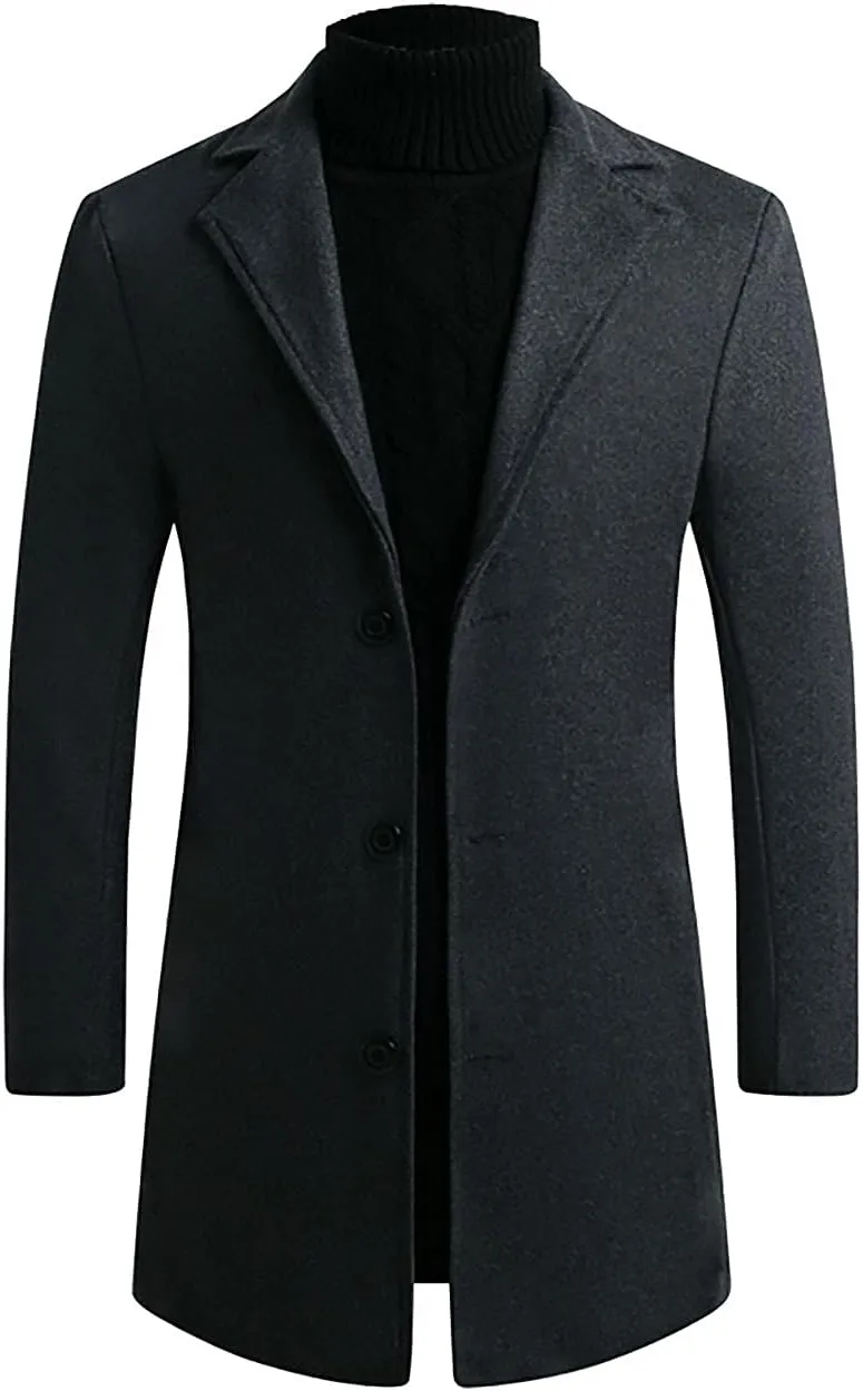 French Woolen Coat For Men's,Mens Business Solid Down Jacket Trench Topcoat Breasted Slim Fit Lapel Winter Overcoat
