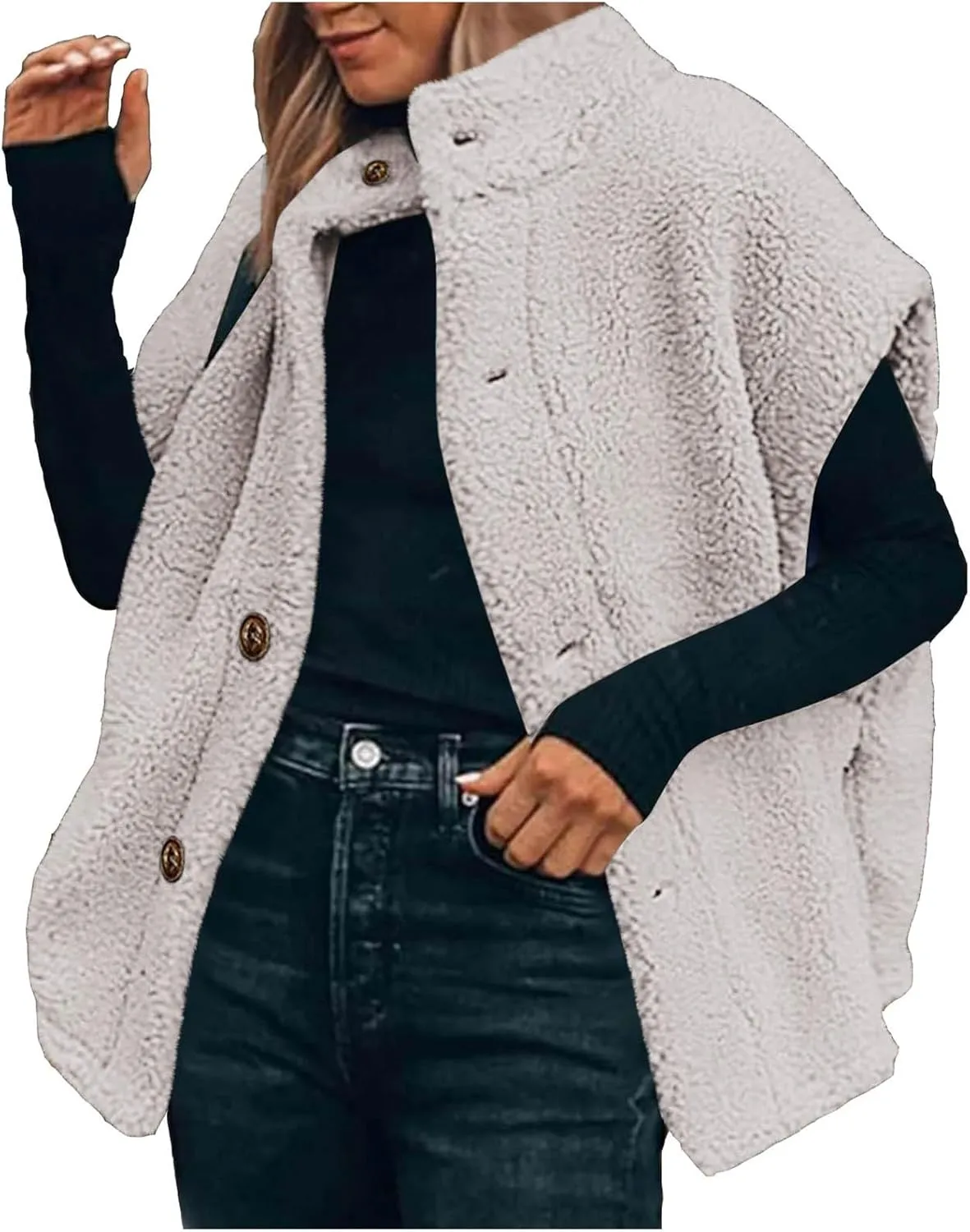 Fuzzy Fleece Vest for Women Casual Plus Size Button Down Sleeveless Jackets Loose Winter Warm Sherpa Vests Coat with Pockets